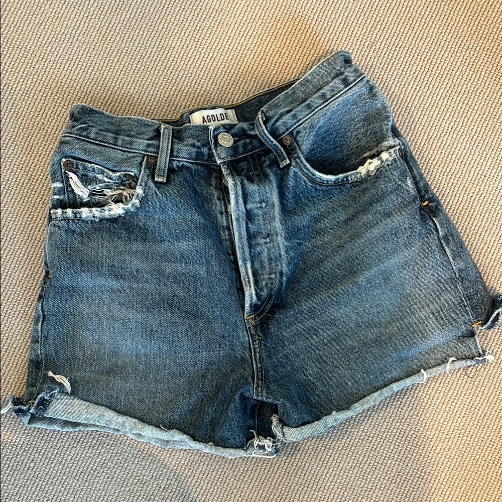 Agolde Blue High-Waisted Jean Shorts with Frayed Hem